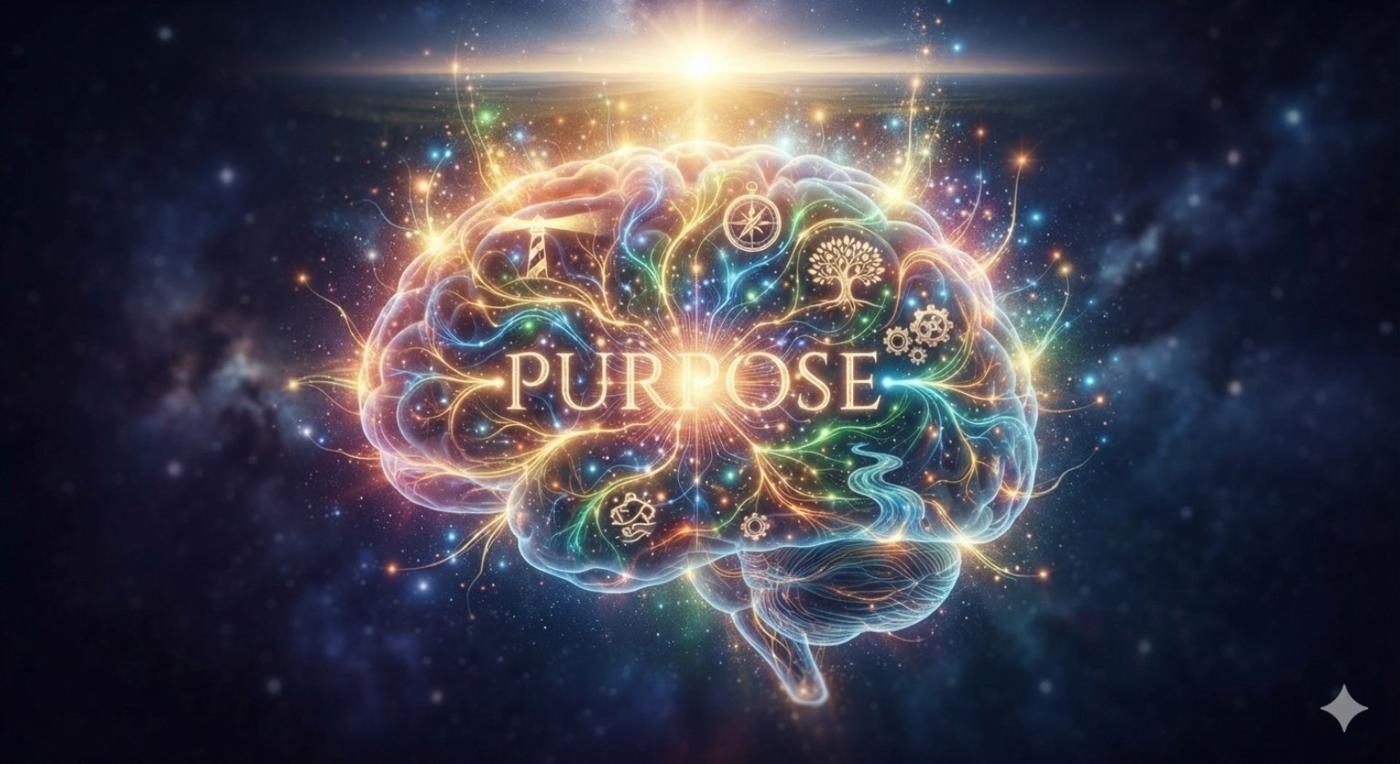 Illustration of a brain glowing with the word Purpose